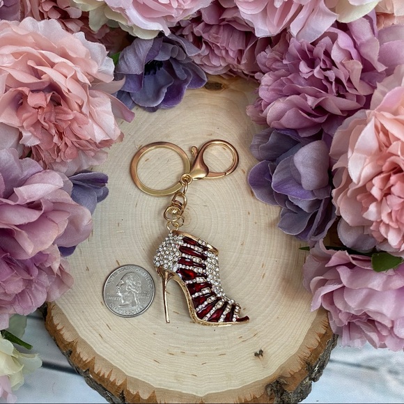 Red & Gold Crystal High Heel Shoe on Gold Keychain - Picture 8 of 8